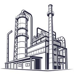 Stylized illustration of a modern industrial factory complex with tall towers and pipelines against a white background
