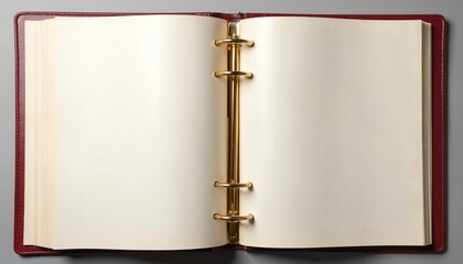 Open red binder album with blank cream pages for photos or writing. Empty inside cover shows textured paper and golden rings. This album ready for memories.