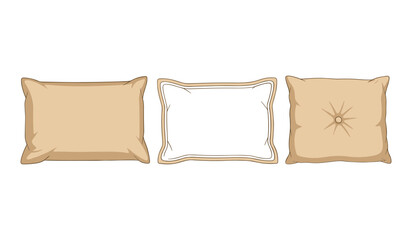 Three beige pillows one tufted one with decorative trim and one plain brown cushion