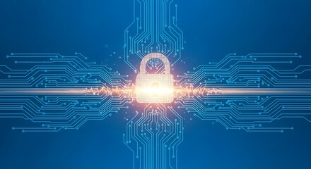 Digital security concept showing a glowing padlock on a circuit board