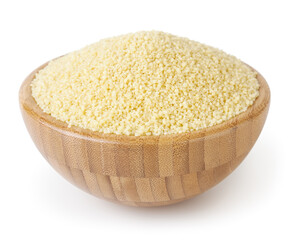 Couscous in wooden bowl isolated on white background with clipping path