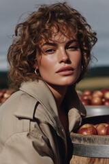 Woman in beige trench coat posing by stacked barrels topped with a pile of apples. Autumn harvest and fashion concept.