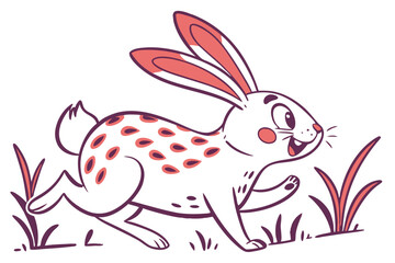 Running White Bunny with Pink Details and Spots on White Background Art
