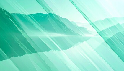 Abstract teal landscape with polygonal mountains, reflective water, and translucent diagonal overlays evoking surreal depth.