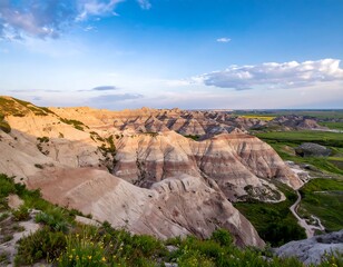 Panoramic view of Badlands landscape at sunset