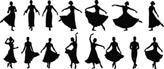 Vector set of black silhouettes of women and people in various poses, including shopping, fashion, dance, and business styles © Shamim creative 