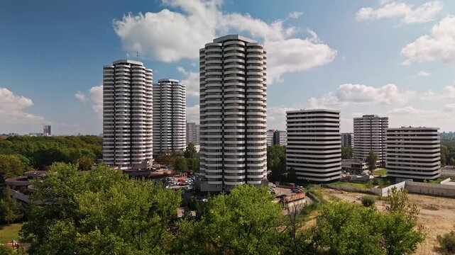 Aerial view of Katowice's iconic Osiedle Tysiaclecia, featuring the Kukurydze (Corn on the Cob) towers, tall apartment buildings, Katowice, Silesian Voivodeship, Poland