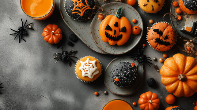 Halloween cupcakes with pumpkin, spiderweb, and jack-o'-lantern decorations on dark background with festive pumpkins and spiders
- Powered by Adobe