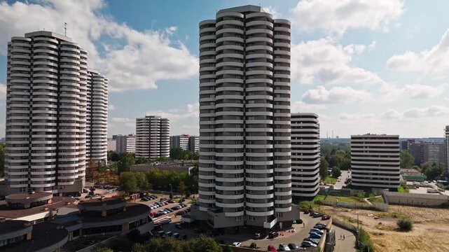 Aerial view of of Katowice's iconic Osiedle Tysiaclecia, featuring the Kukurydze (Corn on the Cob) towers, tall apartment buildings, Katowice, Silesian Voivodeship, Poland