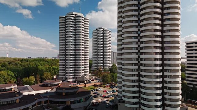 Aerial view of of Katowice's iconic Osiedle Tysiaclecia, featuring the Kukurydze (Corn on the Cob) towers, tall apartment buildings, Katowice, Silesian Voivodeship, Poland