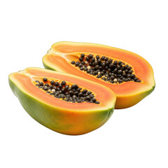Freshly cut ripe papaya fruit showing vibrant orange flesh and black seeds isolated on transparent background
