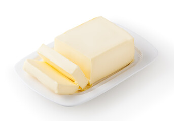 Butter on white butter dish isolated on white background with clipping path