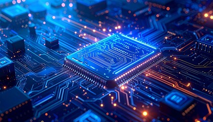 Close-up of a glowing blue computer processor chip on a circuit board with intricate pathways and orange lights.