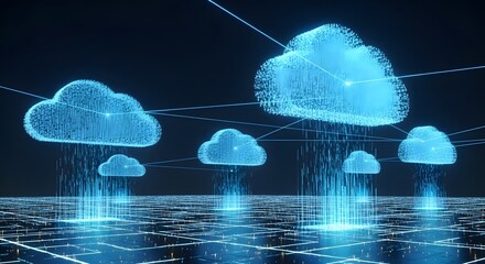 Digital representation of cloud computing with glowing blue cloud icons connected by lines and data streams over a futuristic digital landscape