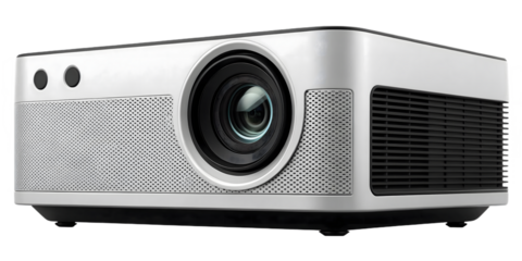 A sleek, modern white digital projector with a lens and ventilation grilles, isolated on a transparent background for presentations