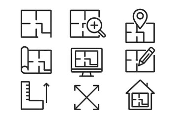 Floor plan icon set for architecture and real estate. Thin line vector symbols for blueprint, engineering, and construction design. Editable stroke icons for web, apps, UI and UX.