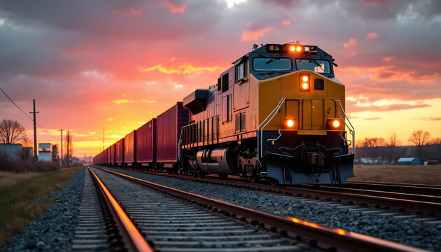 Yellow freight train with bright lights pulls long magenta cargo containers on railway tracks at sunset. Vibrant orange red pink dramatic sky colors clouds. Modern powerful locomotive moves on rail