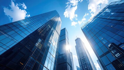 Naklejka premium Low Angle View of Modern Glass Skyscrapers Against Blue Sky with White Clouds Sunny Day Reflective Surfaces Contemporary Architecture Urban Landscape