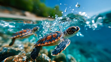 Obraz premium A baby sea turtle emerges from the sand, illuminated by splashing water and glowing tropical light