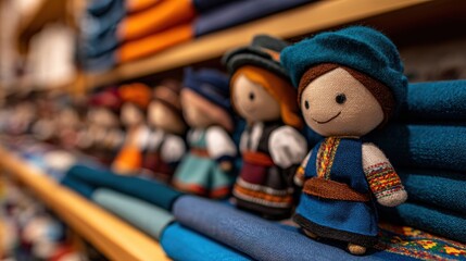 Colorful handcrafted dolls displayed on shelves in a vibrant store, showcasing traditional attire and textiles