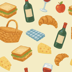 Seamless vector pattern with picnic stuff items repeating