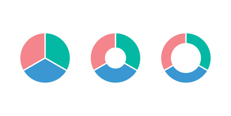 Set of three parts of circle. Pie chart with three same size sectors. Vector illustration isolated on white background.