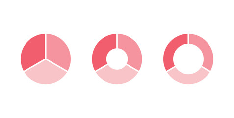 Set of three parts of circle. Pie chart with three same size sectors. Vector illustration isolated on white background.