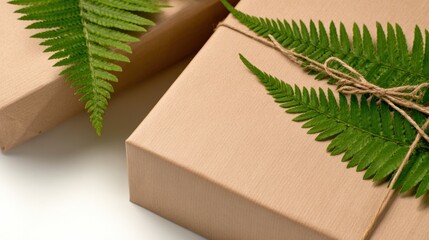 Two elegantly wrapped gifts adorned with ferns, showcasing a natural aesthetic for eco-friendly celebrations