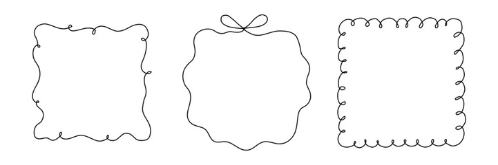 Square bow ribbon frame collection. Hand drawn border. Cute doodle drawing. Modern minimalist art. Coquette elegant romantic design element for Valentines Day, Wedding, Christmas. Vector illustration