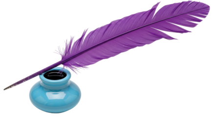 Isolated still life of purple feather quill in teal inkwell on neutral backdrop, vibrant colors