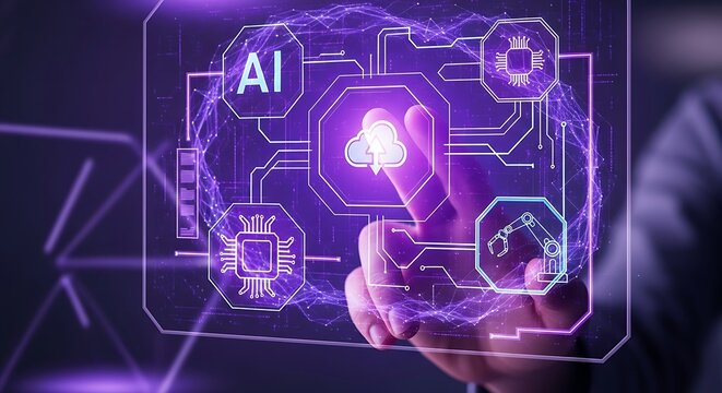 Man touching a digital interface with ai, cloud computing and technology icons