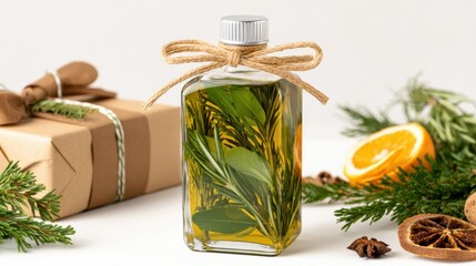 A beautifully arranged herbal oil bottle with green herbs, a gift box, and orange slices in a cozy setting