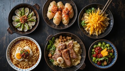 A vibrant Japanese meal set featuring ramen, sushi rolls, grilled meat with rice, fresh vegetables, and colorful side dishes, beautifully served in black bowls