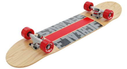 Isolated longboard with red wheels and a stripe along the center for street cruising fun