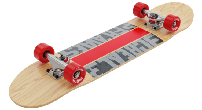 Isolated longboard with red wheels and a stripe along the center for street cruising fun