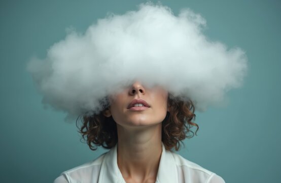 Woman with cloud over her face feels confusion or mental fog. Uncertainity and stress lead to feeling lost or overwhelmed. Seeking clarity and inner peace.