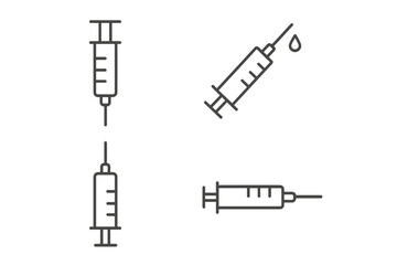 Syringe icon set. Medical injection and vaccination outline symbols. Linear vector illustration for healthcare, medicine, and science. Editable stroke. Isolated on white background.