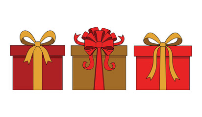 Three cartoon gift boxes red and brown with gold and red ribbons present