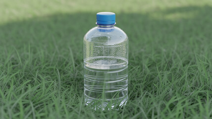 A product photography shot of a clear plastic water bottle with a bright blue screw cap, positioned on vibrant green grass.