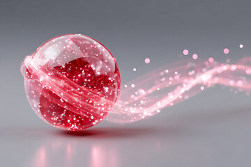 Red christmas ornament with sparkling magic trail on a grey background