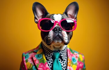 Fototapeta premium Bulldog portrait in vivid suit with pink glasses. Dressed dog poses at studio with yellow background. Funny puppy looks like a human with serious expression. Cool pet is ready for party.