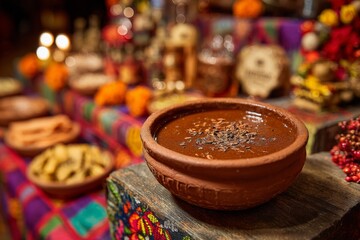 Fototapeta premium Clay bowl of atole drink on table with snacks at market front view copy space horizontal frame festival scene background.