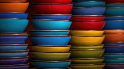Colorful stacked bowls in a kitchen setting, showcasing vibrant hues and organized arrangement