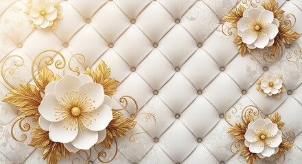 Obraz premium Luxury white leather texture background with golden flowers and leaves