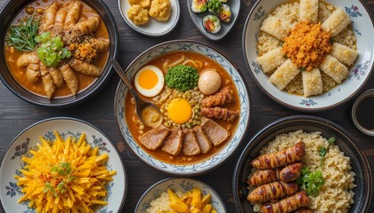 A vibrant Japanese meal set featuring ramen, sushi rolls, grilled meat with rice, fresh vegetables, and colorful side dishes, beautifully served in black bowls
