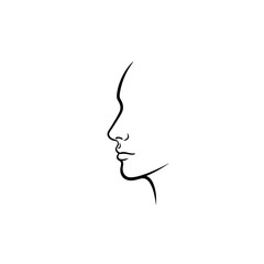 Woman profile face line art elegant minimalist drawing, flowing lines, subtle beauty, black and white sketch isolated on white background artwork illustration.