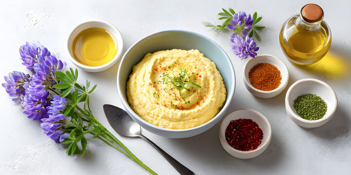 Creamy hummus in a bowl garnished with spices and herbs, surrounded by olive oil, seasonings, and fresh purple flowers on a light background