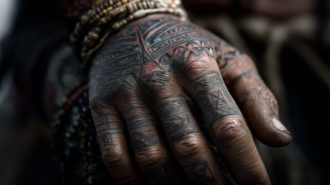 Close-up of a hand with traditional tribal tattoos and handmade beaded bracelets reflecting indigenous cultural identity
