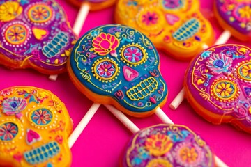 Three skull lollipops in a row against pink background front view copy space horizontal frame festival scene background clean front.