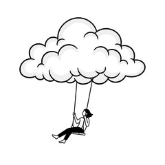 Girl swinging on cloud line art illustration whimsical fantasy artwork, imagination, dreams, minimalist black and white drawing isolated on white background sketch.